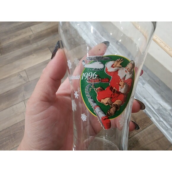 Coca Cola Christmas Glasses With Santa Claus Train Set Of Two 1996 Chipped - Picture 5 of 6